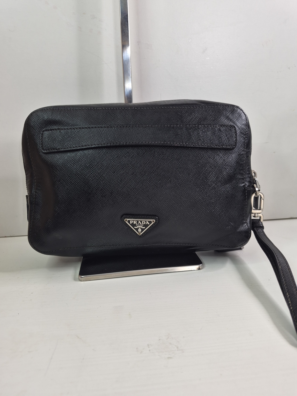 Prada Black Saffiano Leather Wrist Pouch - Picture 2 of 15